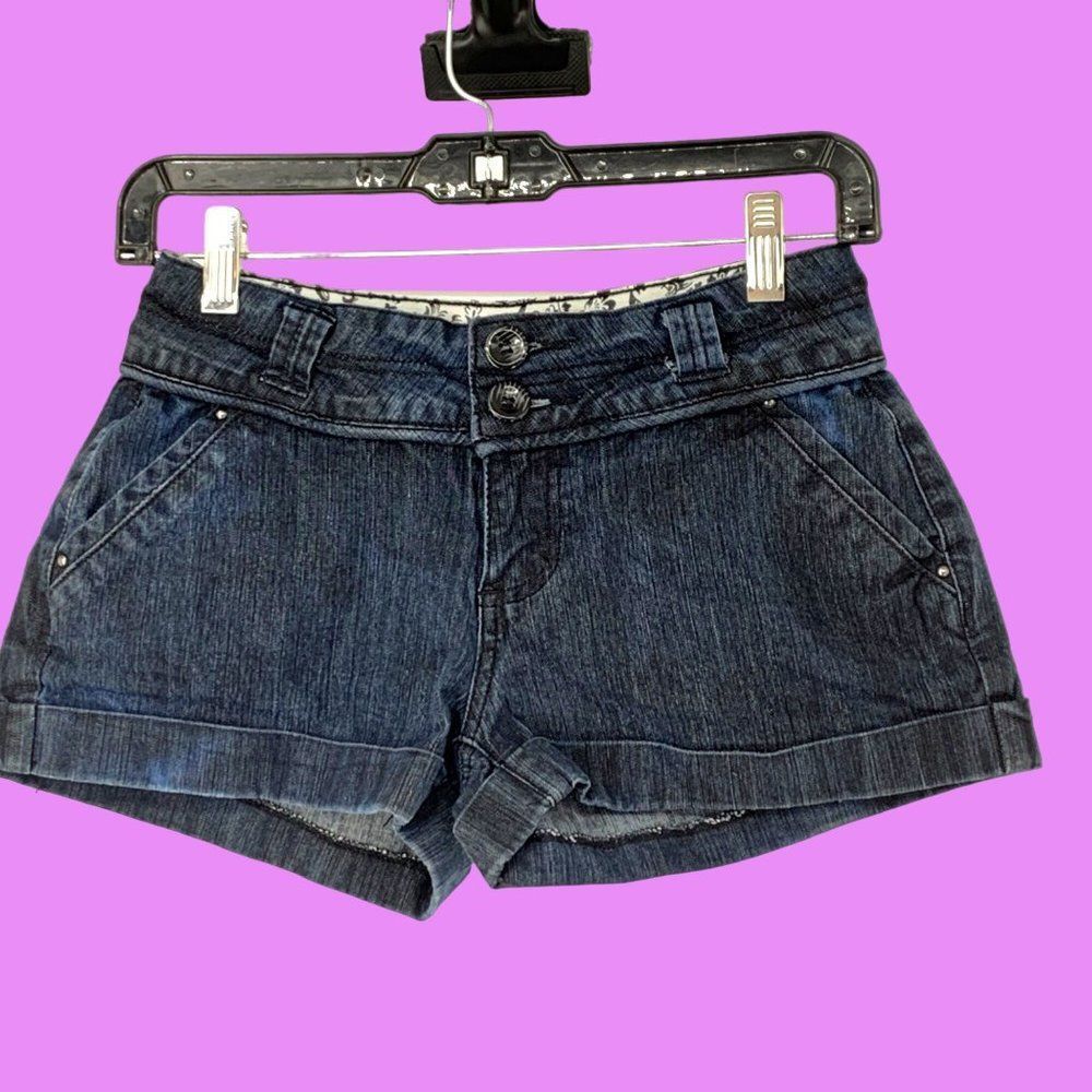 Womens Denim BB Couture Shorts Dark Blue Stretch Cuffed Size 7 Jr 3247 Flap Jean
